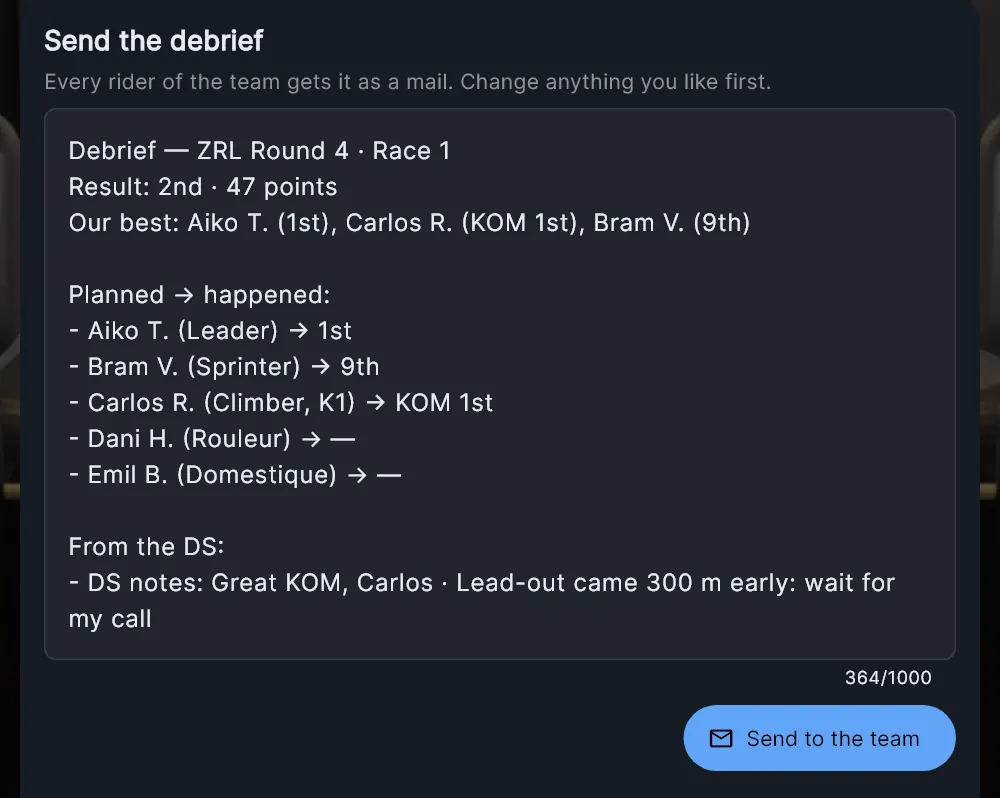 The DS sends the race debrief to every rider as a mail.