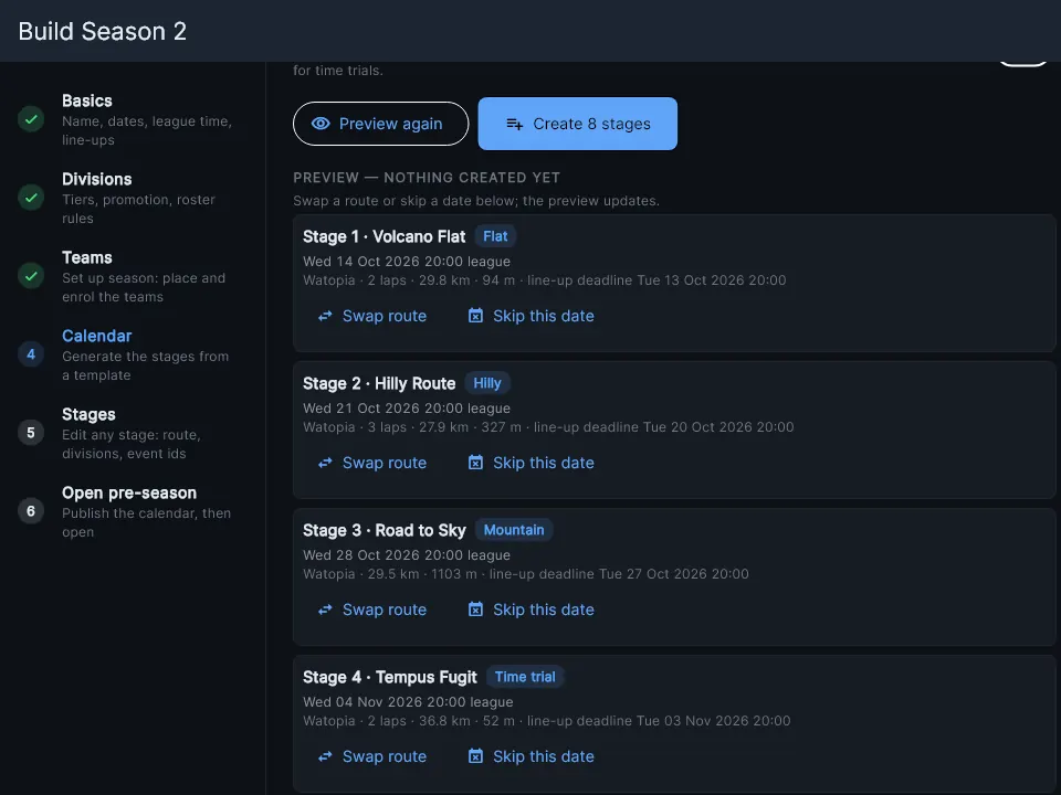 The season builder: six steps and a generated calendar of stages with routes.