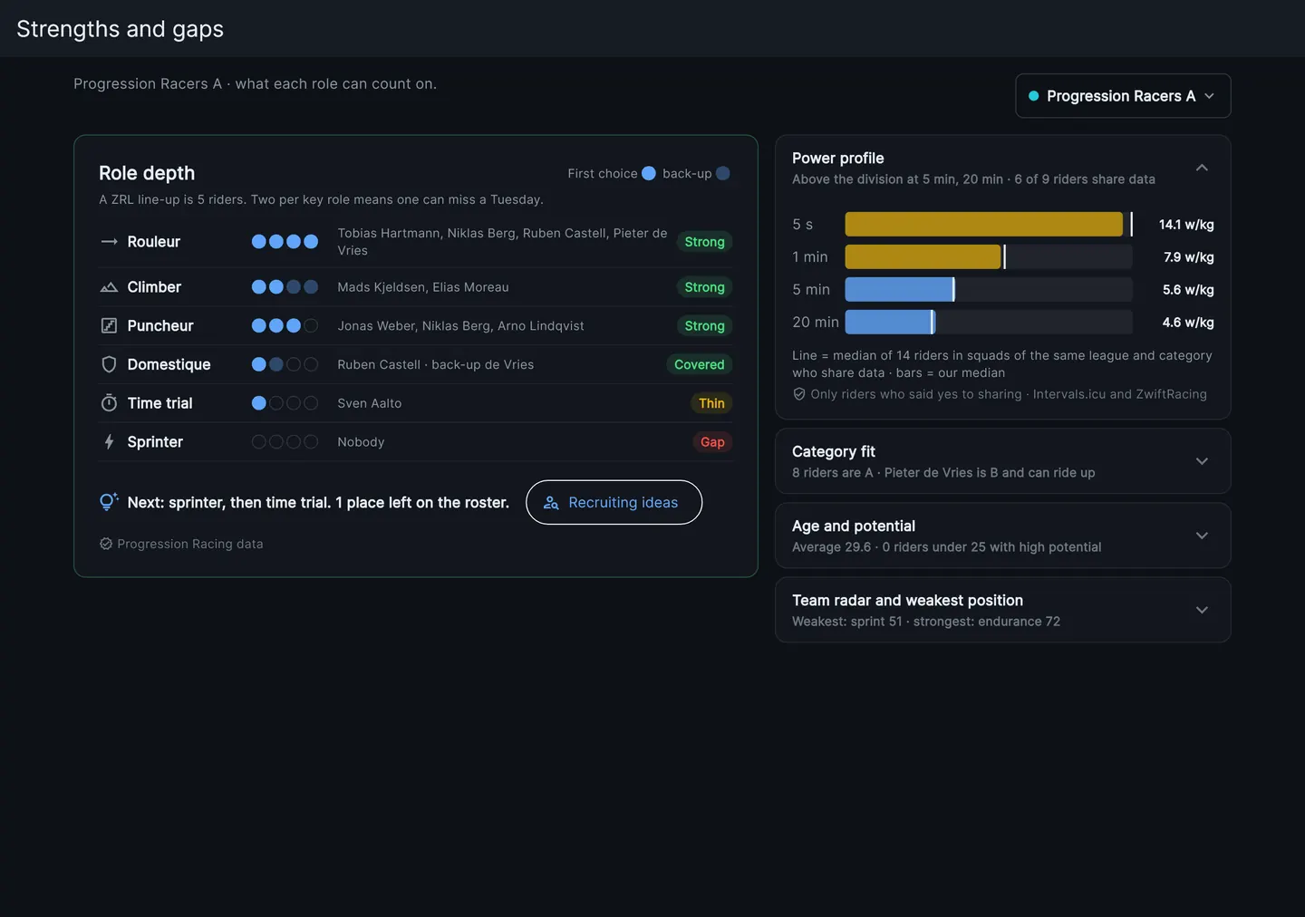 Strengths and gaps: role depth per rider type and the power profile.